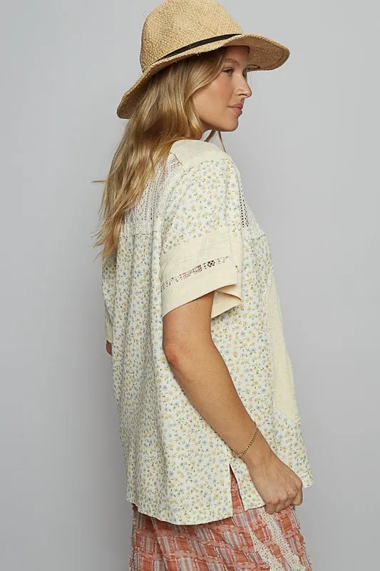 POL - Lace Detail Jersey Top in Cream Ditsy
