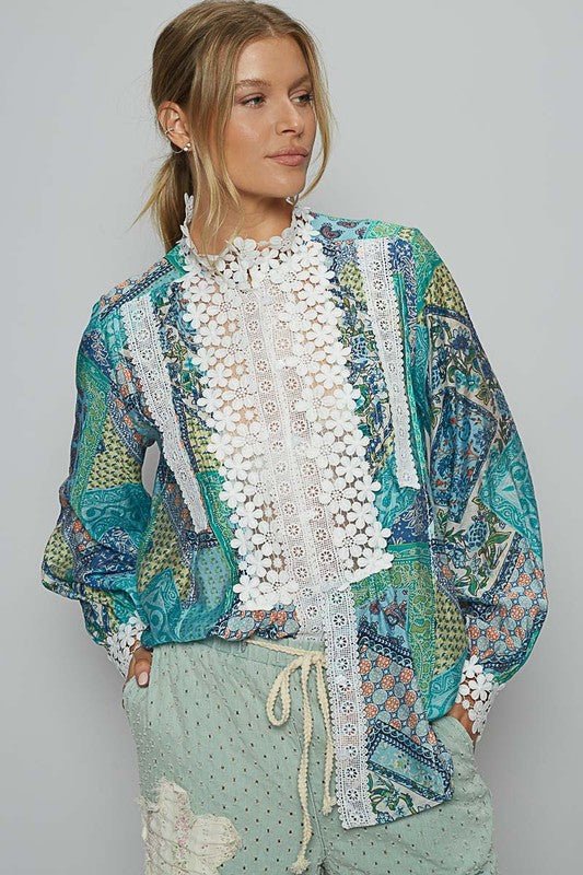 POL - Lace Detail Printed Button Down Shirt in Teal