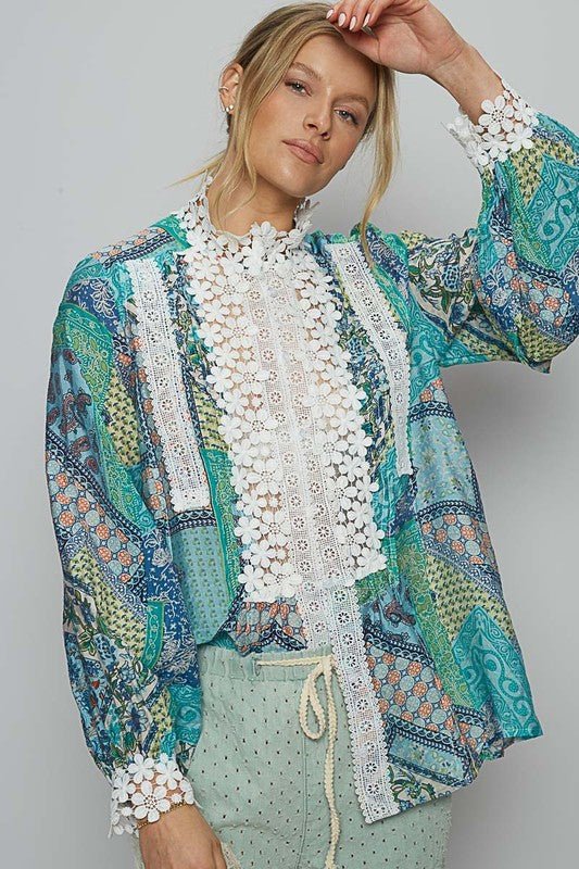 POL - Lace Detail Printed Button Down Shirt in Teal