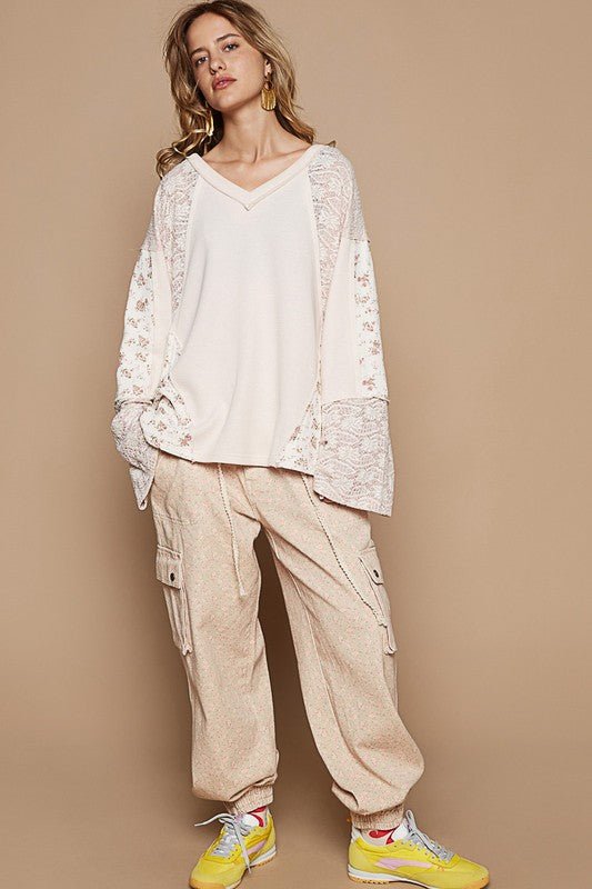 POL - Lace & Floral Long Sleeve Knit Top in Eggshell