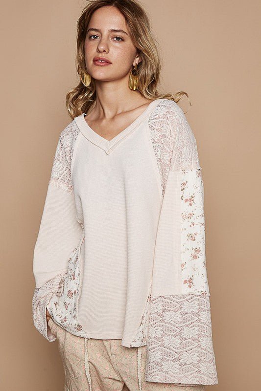 POL - Lace & Floral Long Sleeve Knit Top in Eggshell