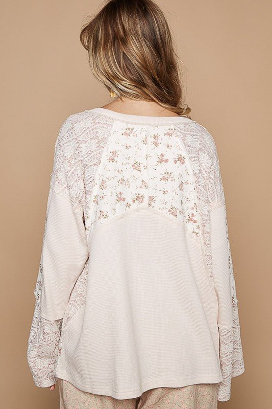 POL - Lace & Floral Long Sleeve Knit Top in Eggshell