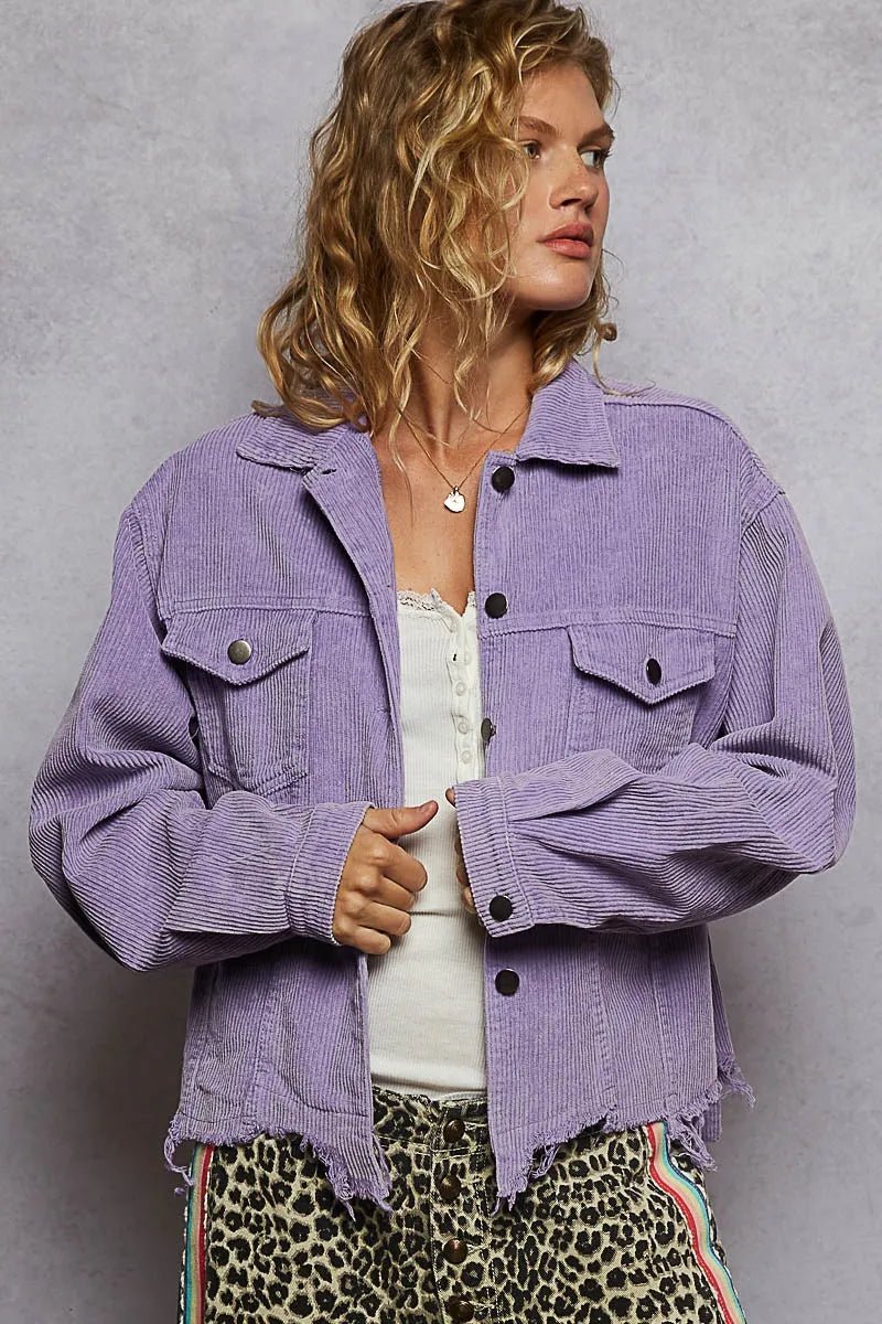 POL - Lavender Corduroy Raw Hem Button Down Jacket