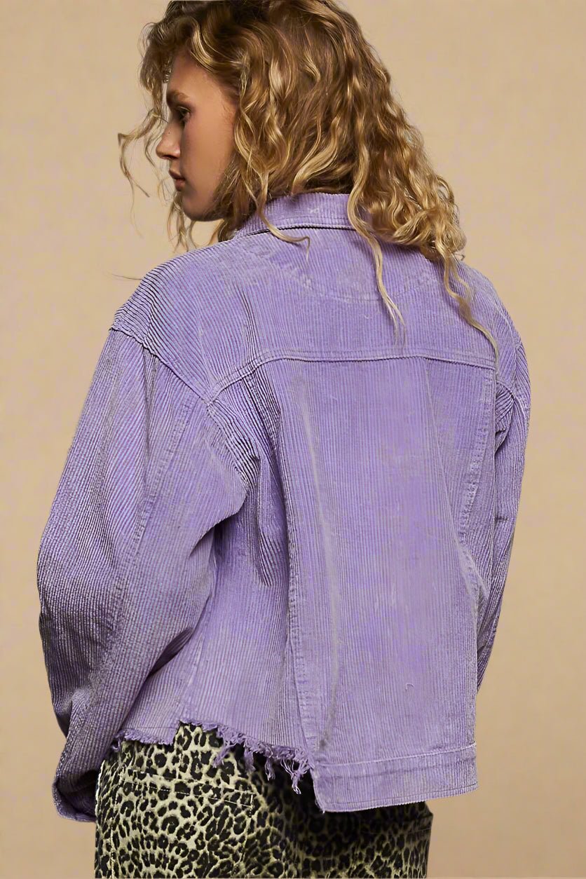 POL - Lavender Corduroy Raw Hem Button Down Jacket