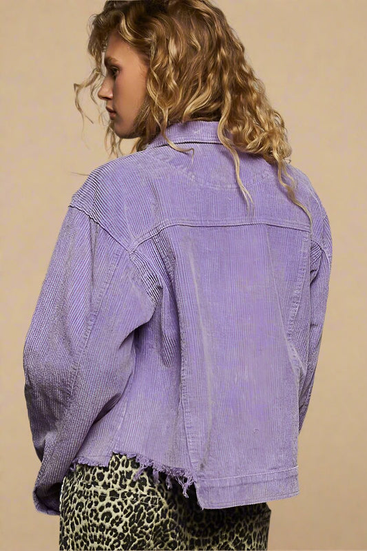 POL - Lavender Corduroy Raw Hem Button Down Jacket