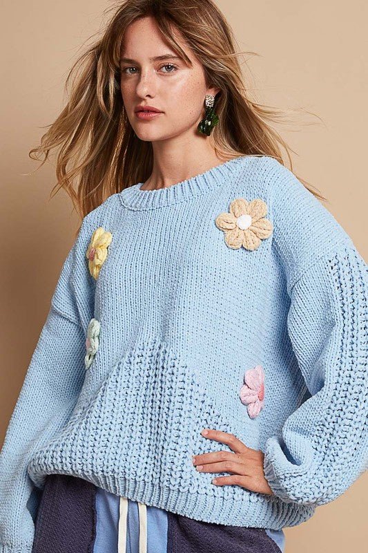 POL - Light Blue Crocheted Flowers Sweater