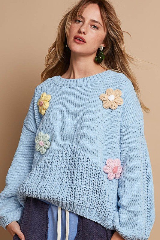 POL - Light Blue Crocheted Flowers Sweater