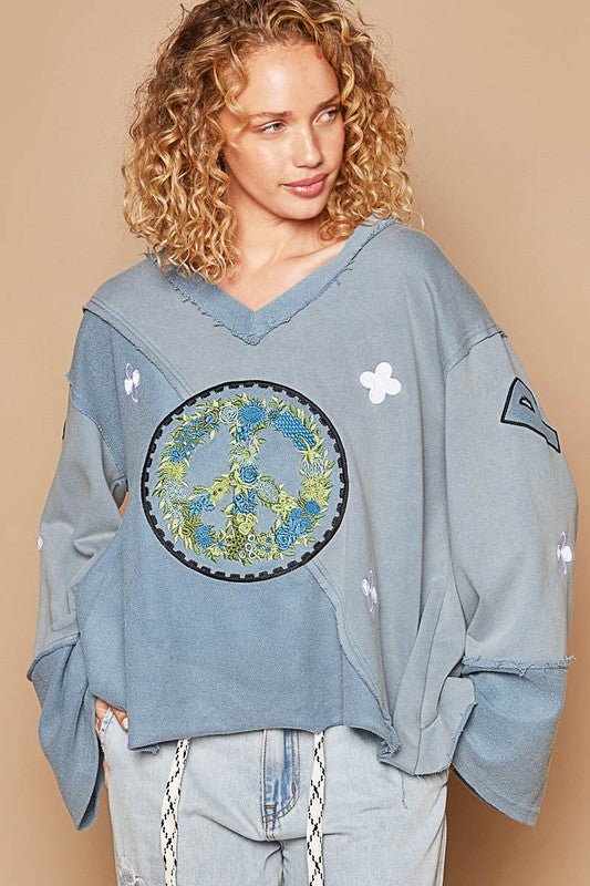 POL - Light Blue Embroidered Peace Sign Ruffled V - Neck Top