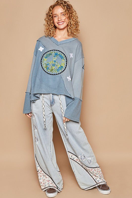 POL - Light Blue Embroidered Peace Sign Ruffled V - Neck Top