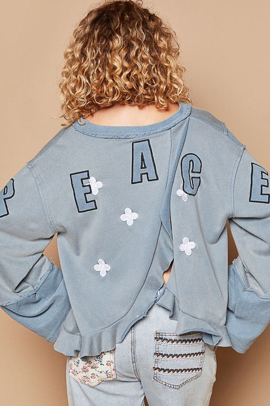 POL - Light Blue Embroidered Peace Sign Ruffled V - Neck Top