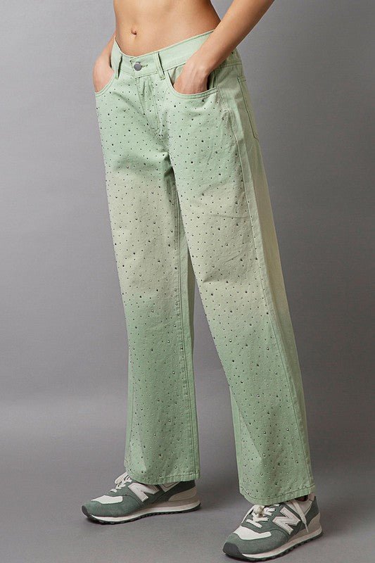 POL - Light Green Rhinestone Embellished Wide Leg Pants