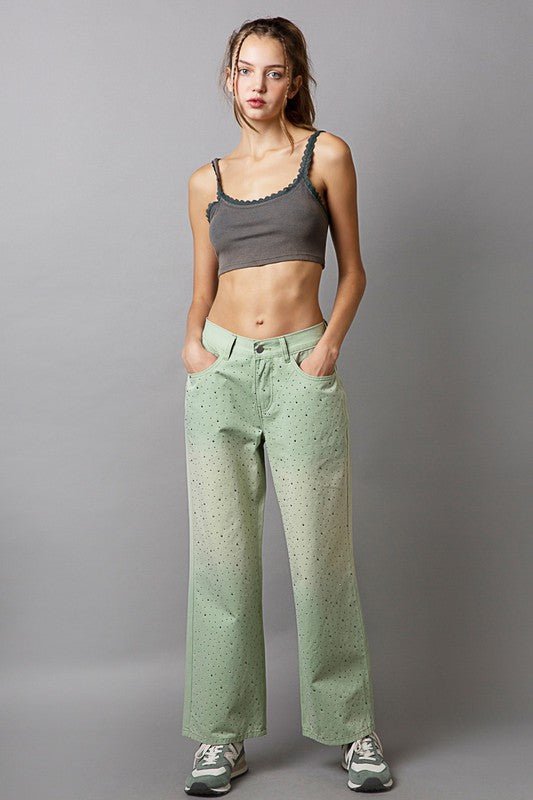 POL - Light Green Rhinestone Embellished Wide Leg Pants