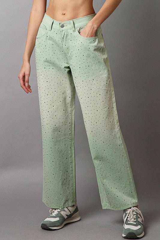 POL - Light Green Rhinestone Embellished Wide Leg Pants