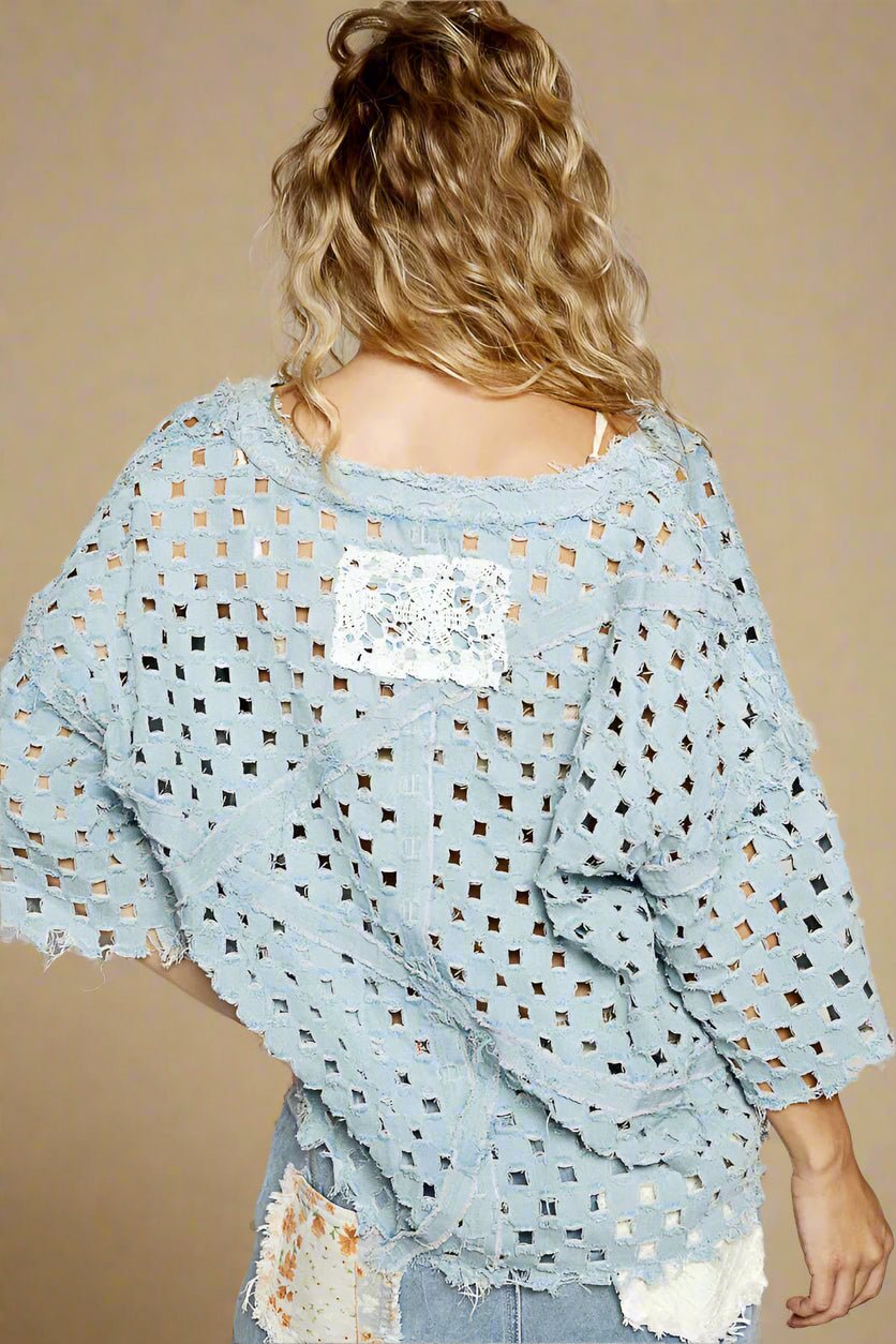 POL - Light Wash Denim Distressed Cutout Top