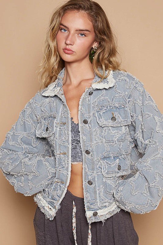 POL - Light Wash Star Pattern Raw Hem Denim Jacket