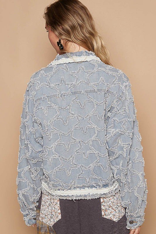 POL - Light Wash Star Pattern Raw Hem Denim Jacket