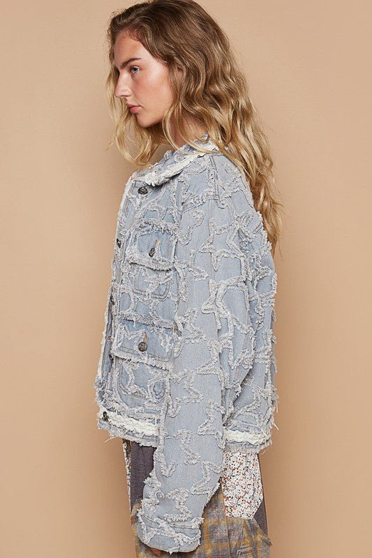 POL - Light Wash Star Pattern Raw Hem Denim Jacket