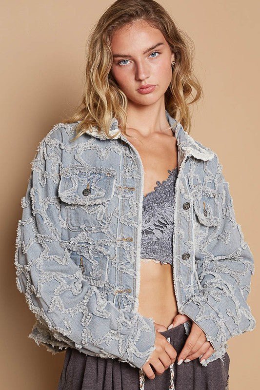 POL - Light Wash Star Pattern Raw Hem Denim Jacket