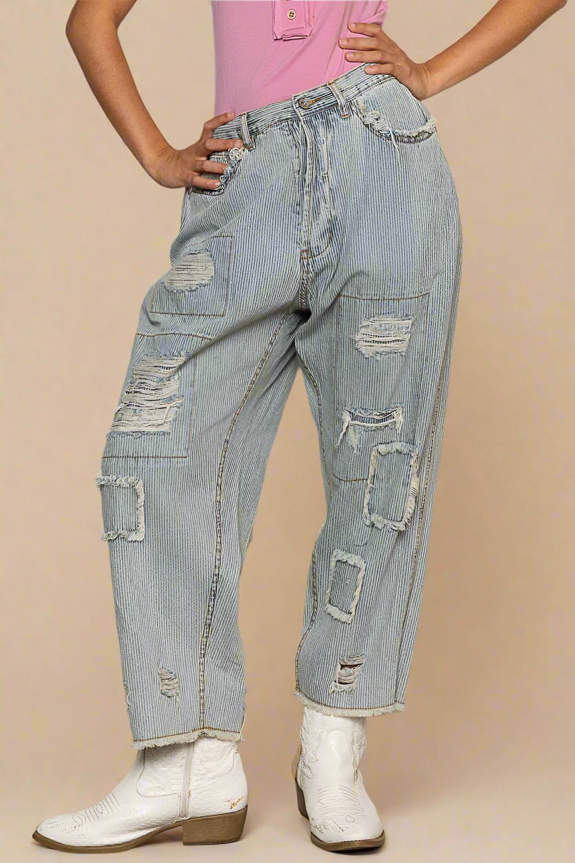 POL - Light Wash Striped Distressed Patchwork Boyfriend Jeans
