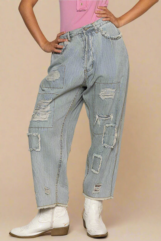 POL - Light Wash Striped Distressed Patchwork Boyfriend Jeans