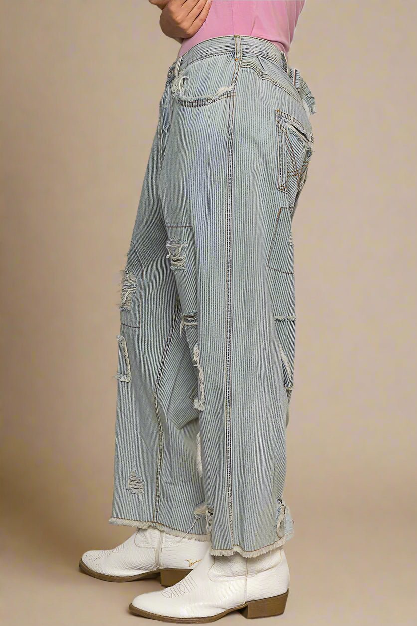 POL - Light Wash Striped Distressed Patchwork Boyfriend Jeans