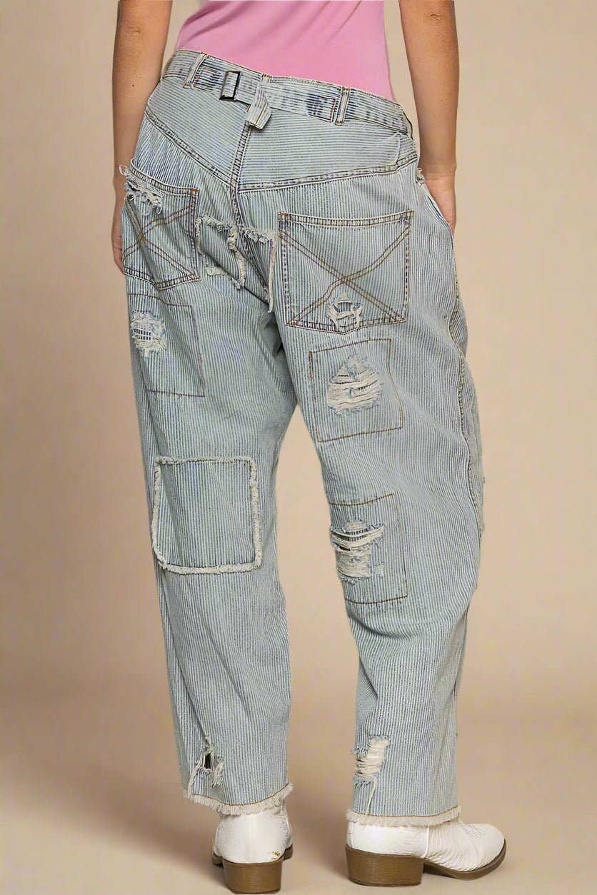 POL - Light Wash Striped Distressed Patchwork Boyfriend Jeans