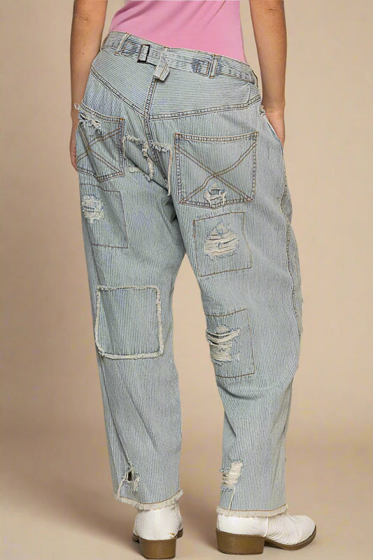 POL - Light Wash Striped Distressed Patchwork Boyfriend Jeans
