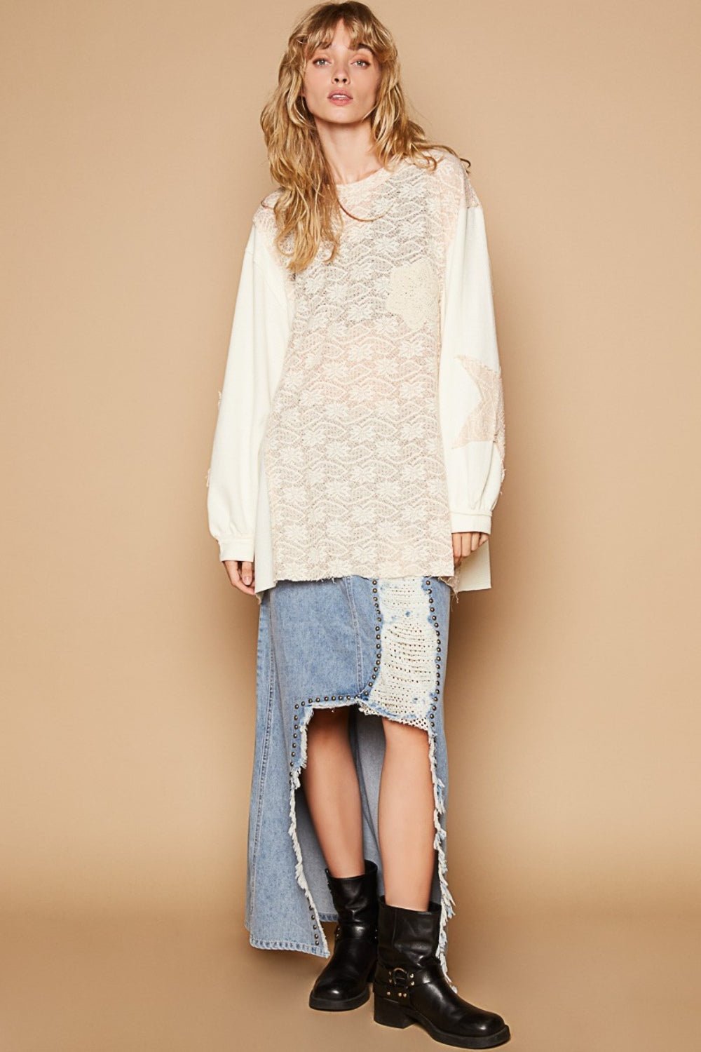 POL - Long Sleeve Crochet Patches Top in Cream Beige