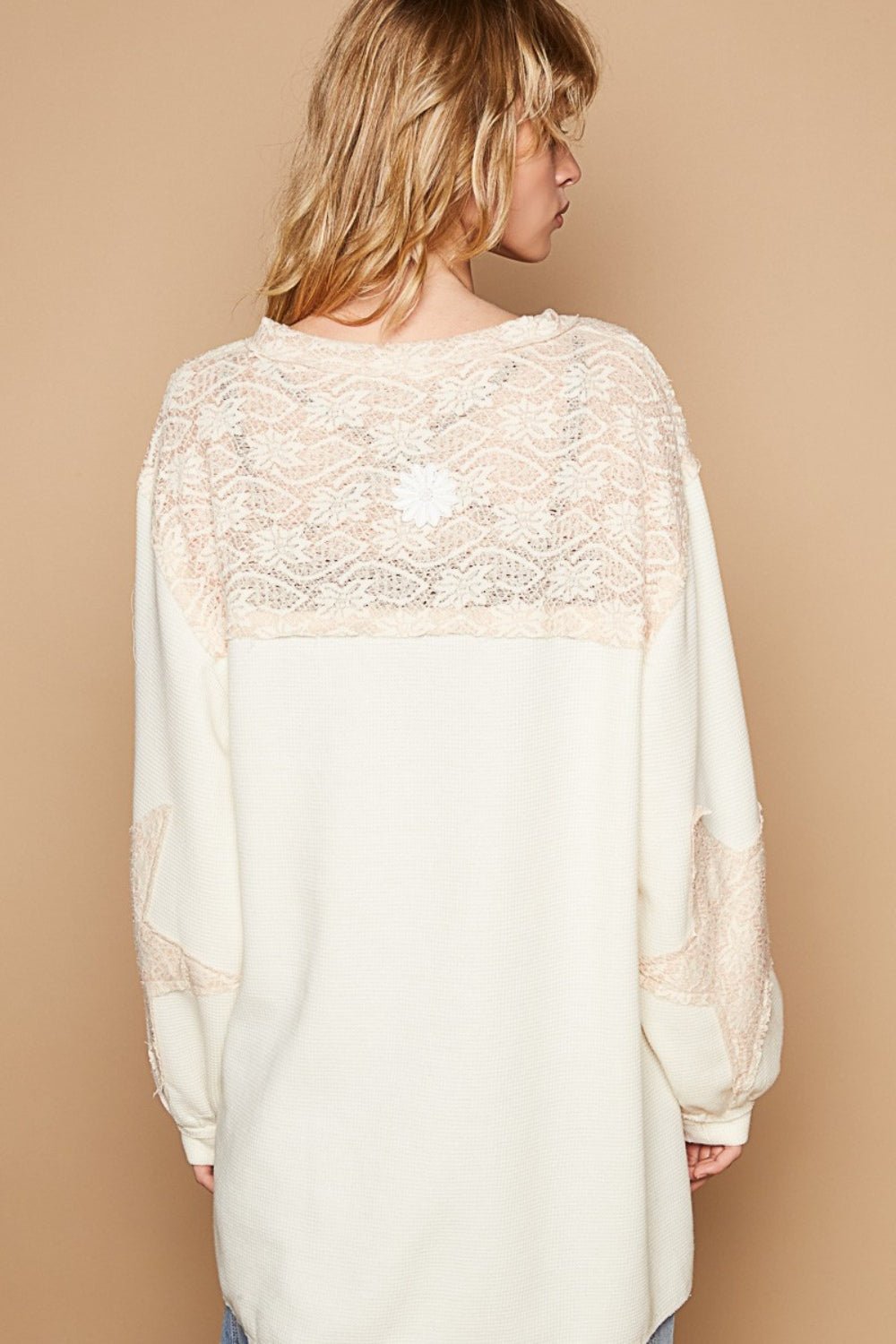 POL - Long Sleeve Crochet Patches Top in Cream Beige