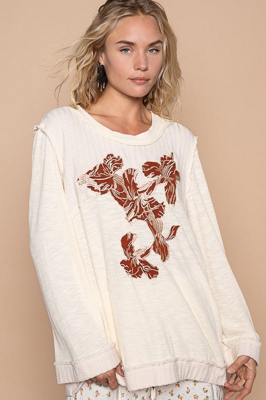 POL - Long Sleeve Floral Knit Top in Cream