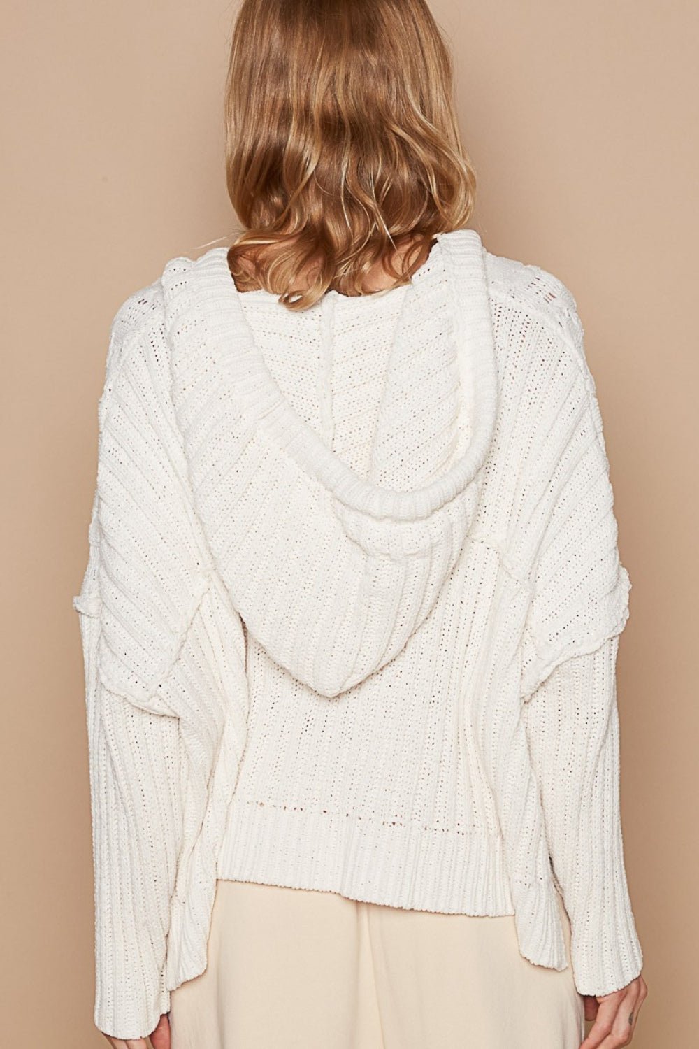 POL - Long Sleeve Hooded Cable Knit Sweater in Cream