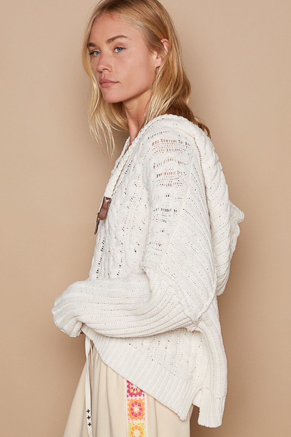 POL - Long Sleeve Hooded Cable Knit Sweater in Cream