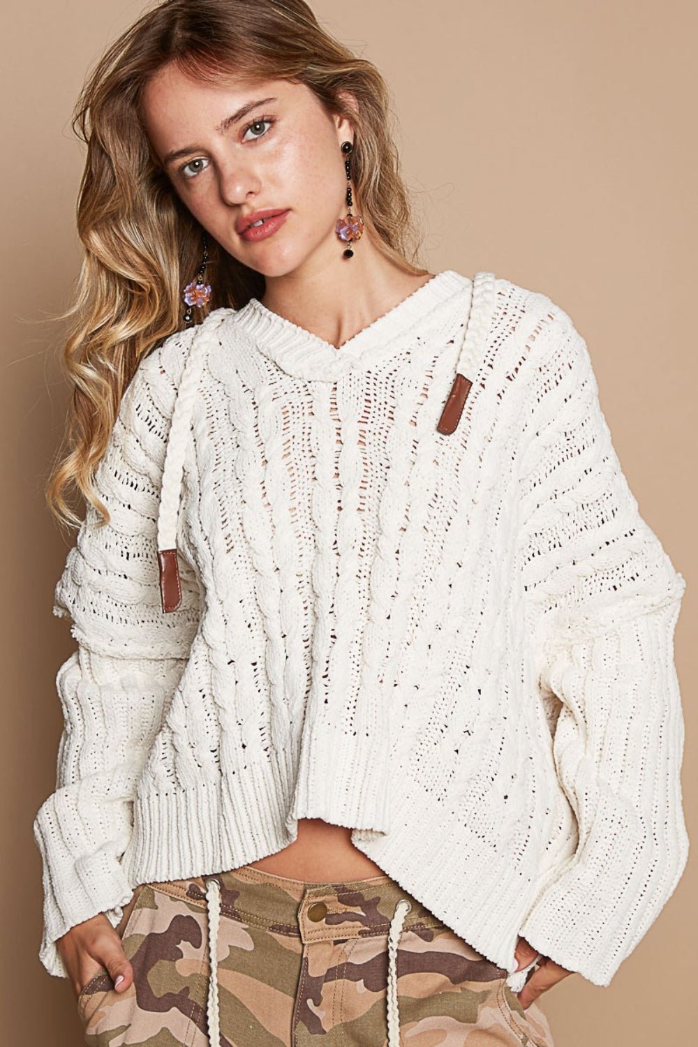 POL - Long Sleeve Hooded Cable Knit Sweater in Cream