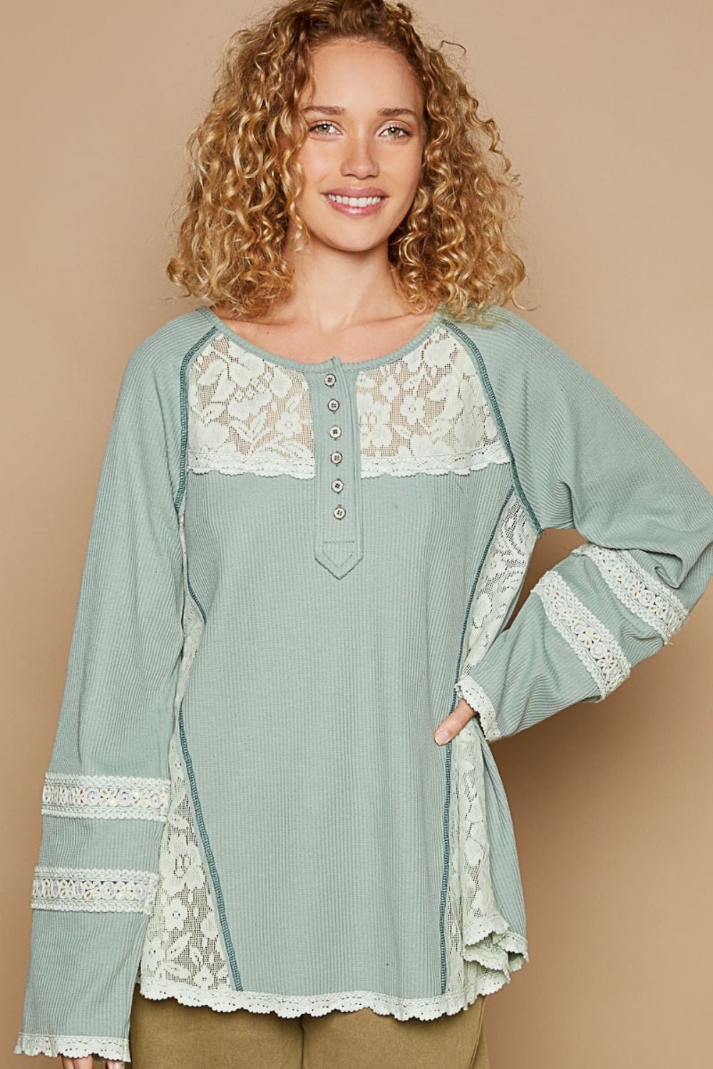 POL - Long Sleeve Lace Detail Thermal Top in Forest Green