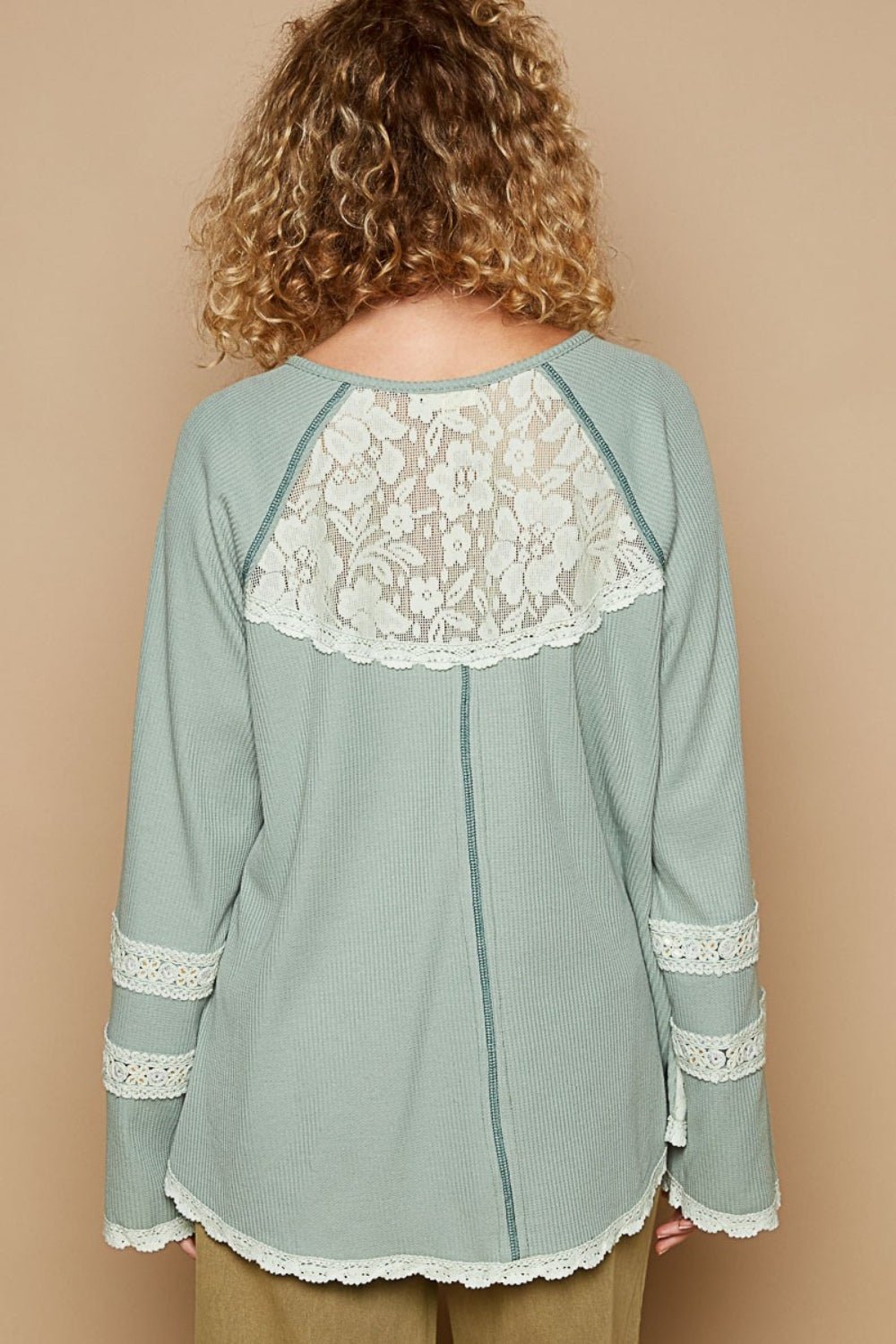 POL - Long Sleeve Lace Detail Thermal Top in Forest Green