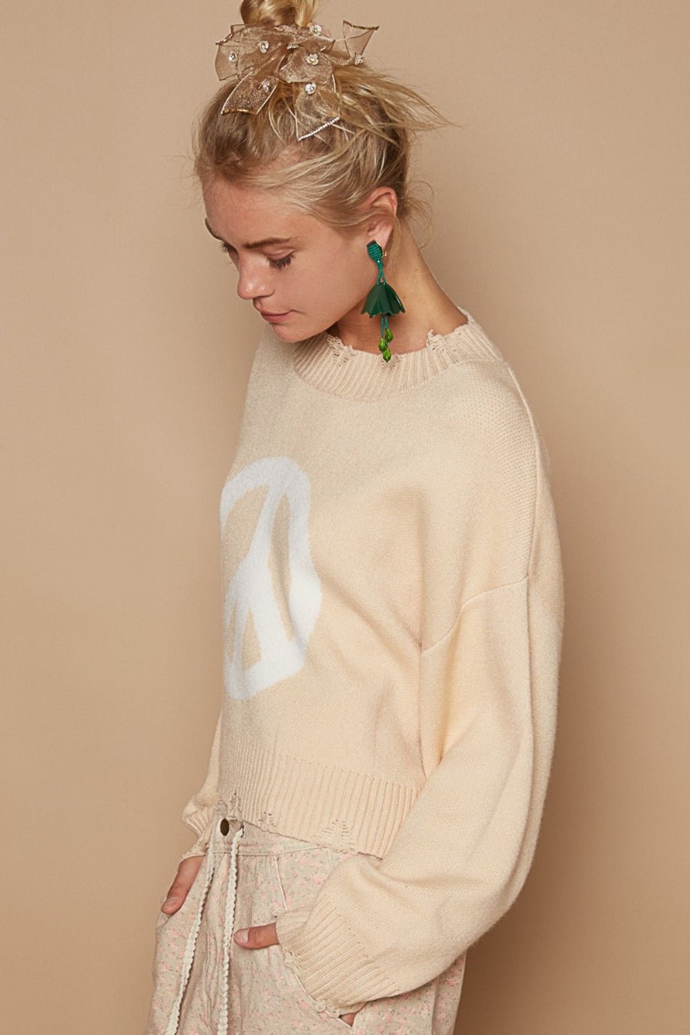 POL - Long Sleeve Peace Sign Sweater in Cream White