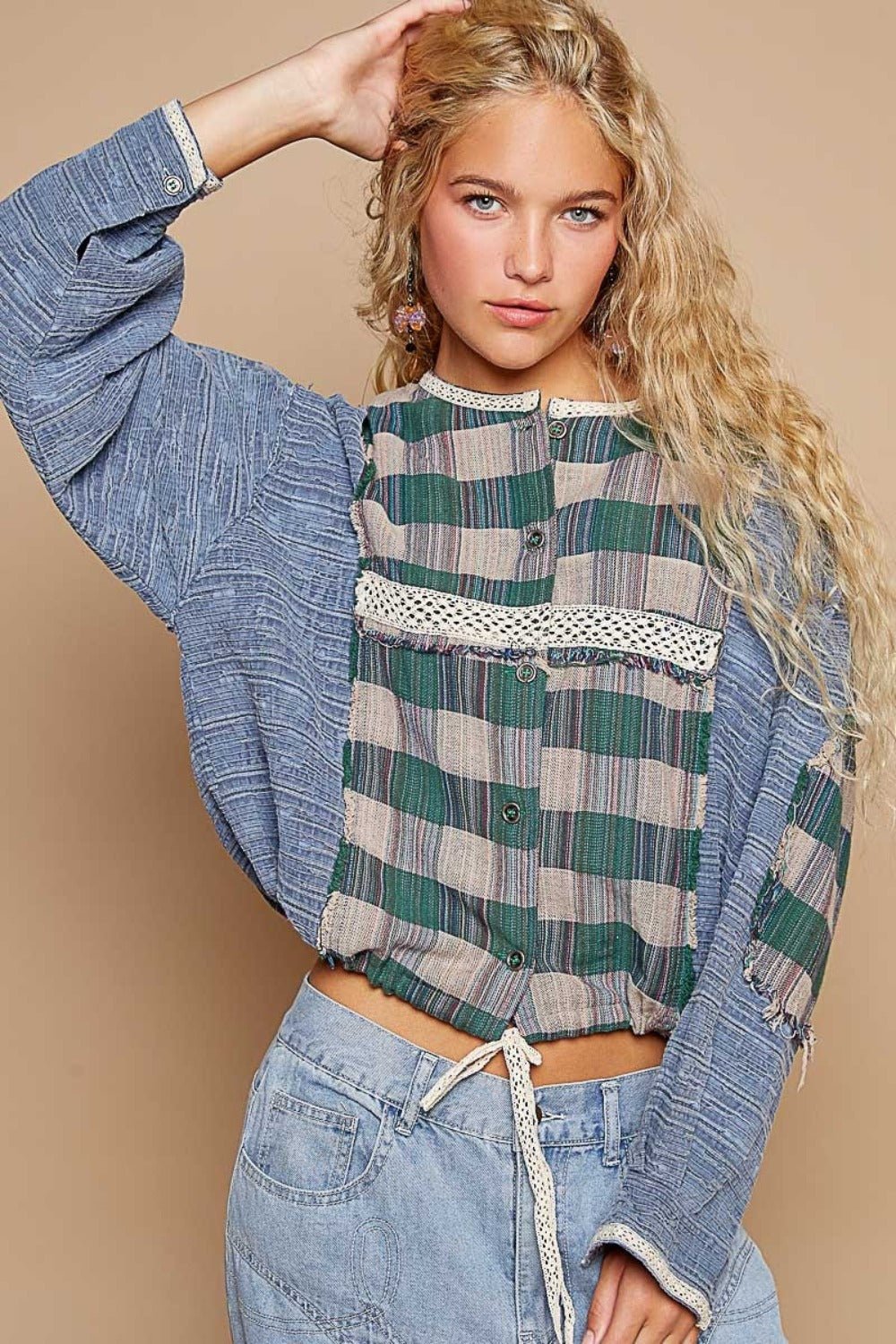 POL - Long Sleeve Plaid Shirt in Teal