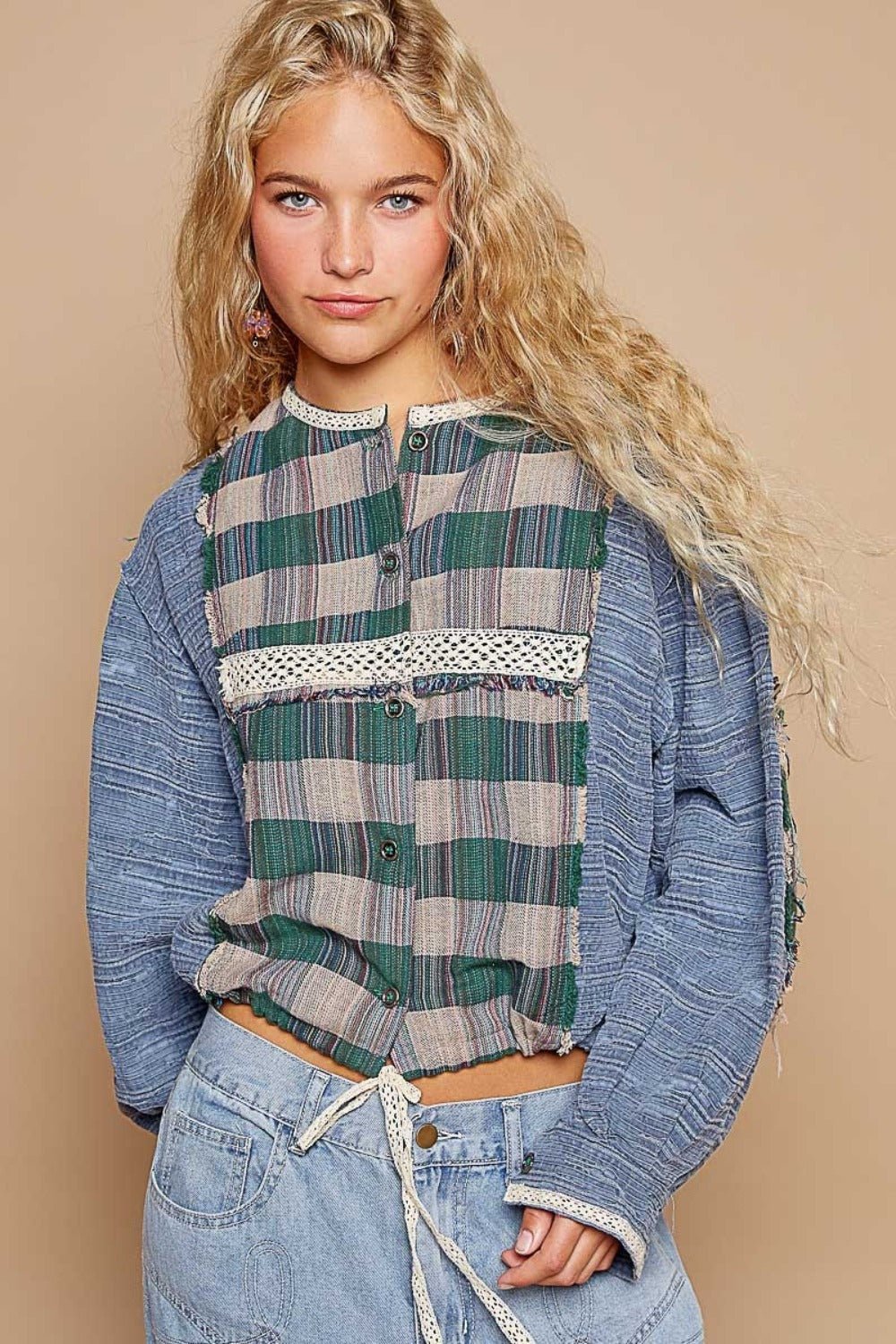 POL - Long Sleeve Plaid Shirt in Teal