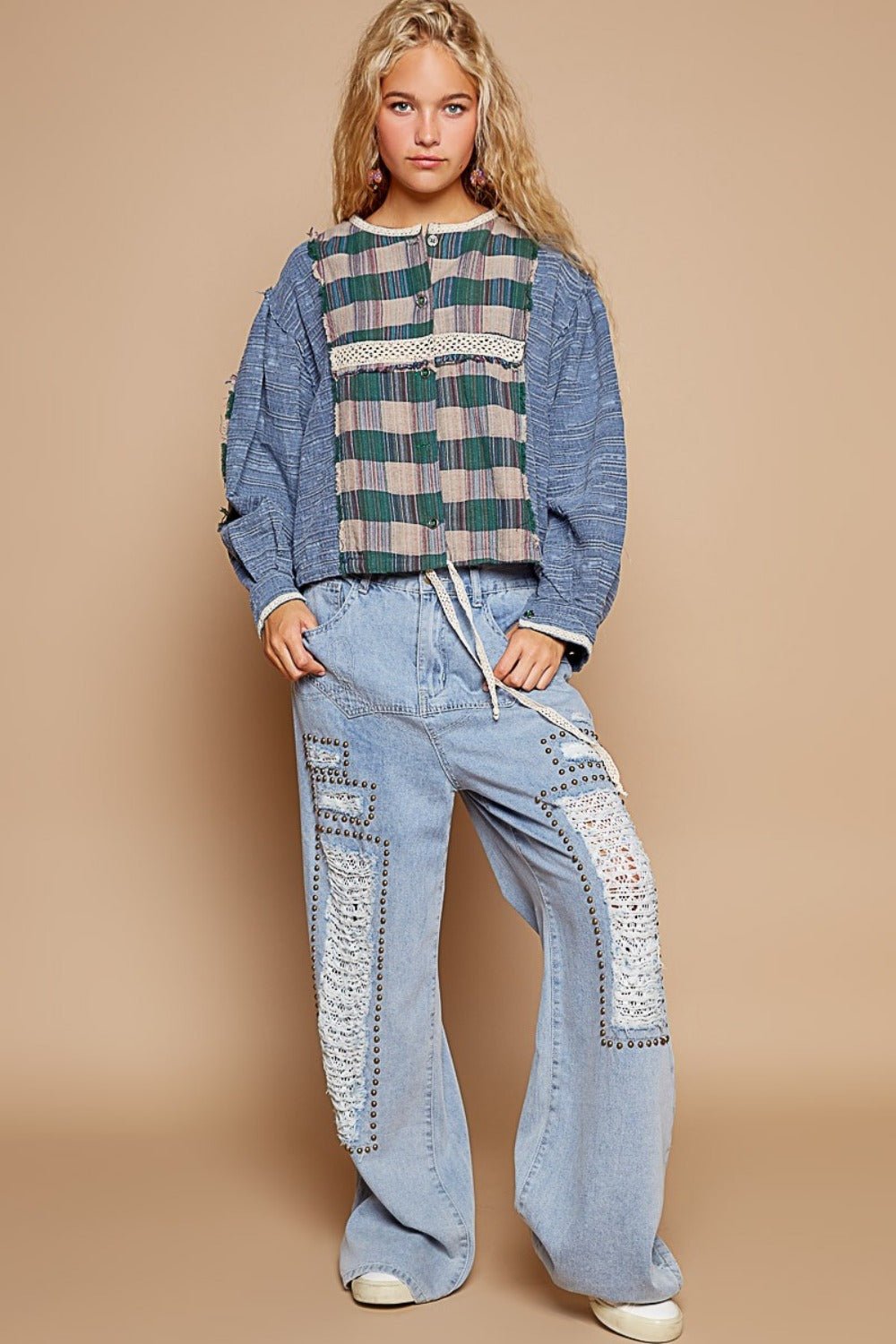 POL - Long Sleeve Plaid Shirt in Teal