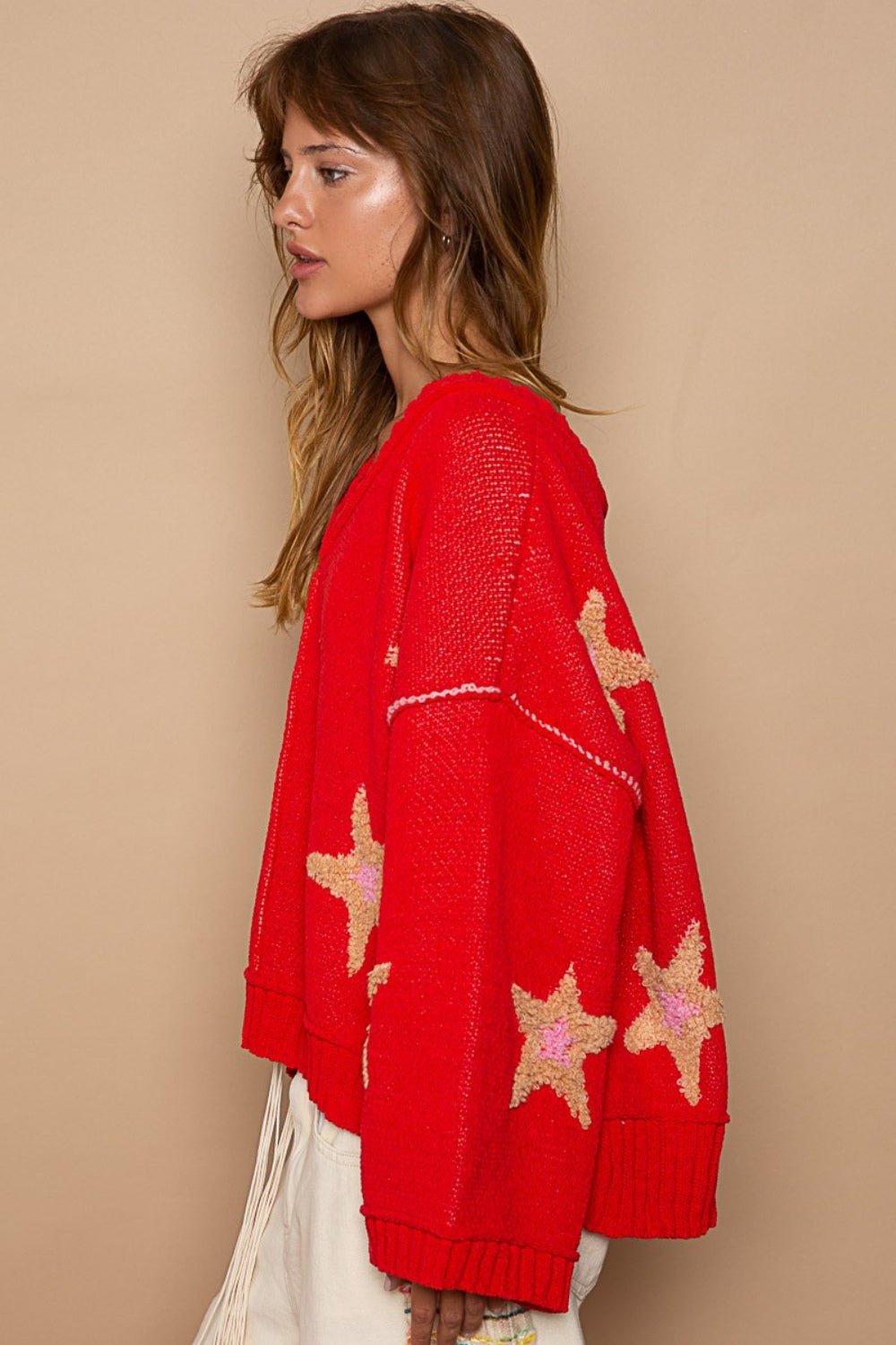 POL - Long Sleeve Star Patch Sweater in Apple Red