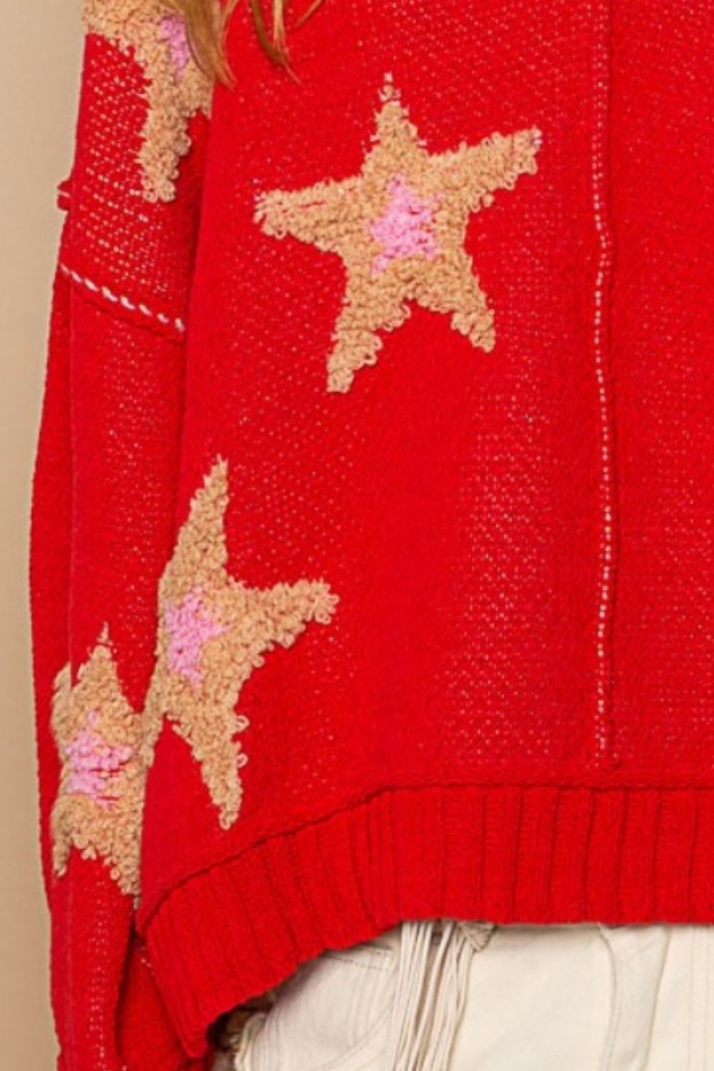 POL - Long Sleeve Star Patch Sweater in Apple Red