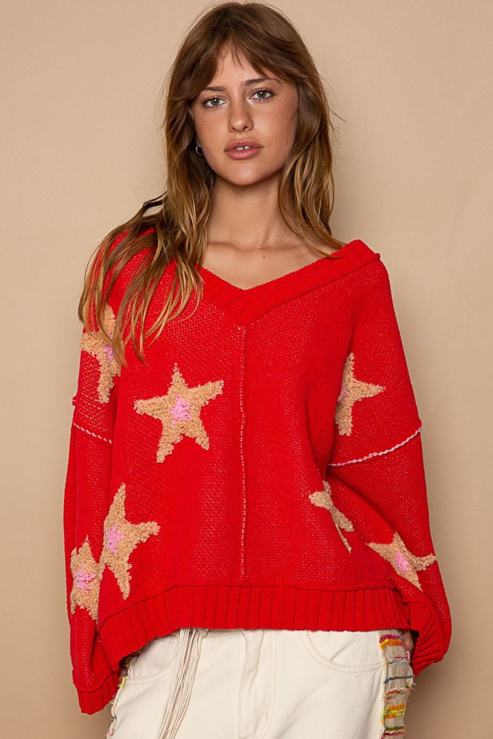 POL - Long Sleeve Star Patch Sweater in Apple Red