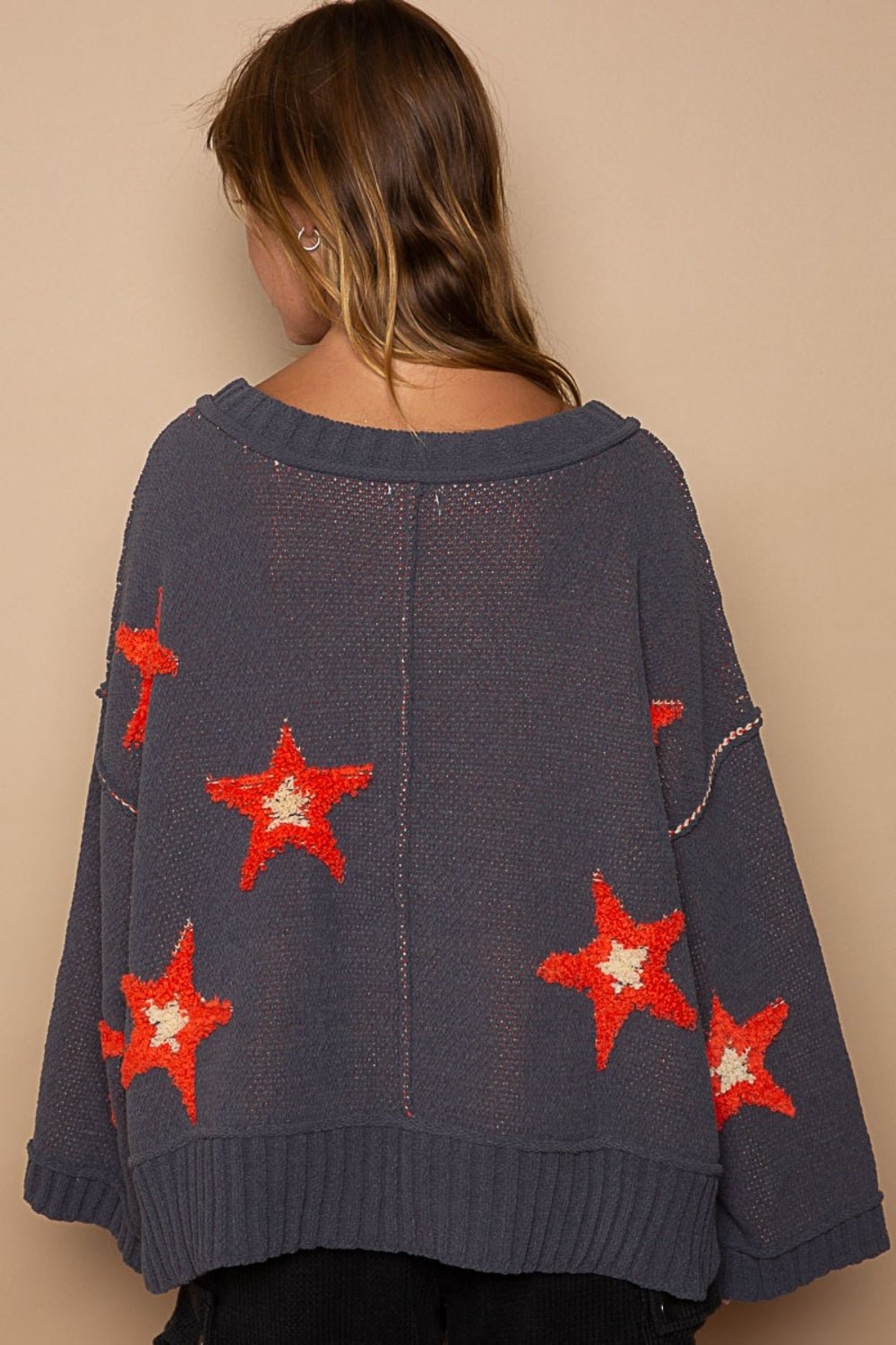 POL - Long Sleeve Star Patch Sweater in Charcoal