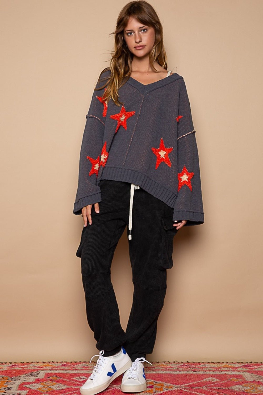 POL - Long Sleeve Star Patch Sweater in Charcoal