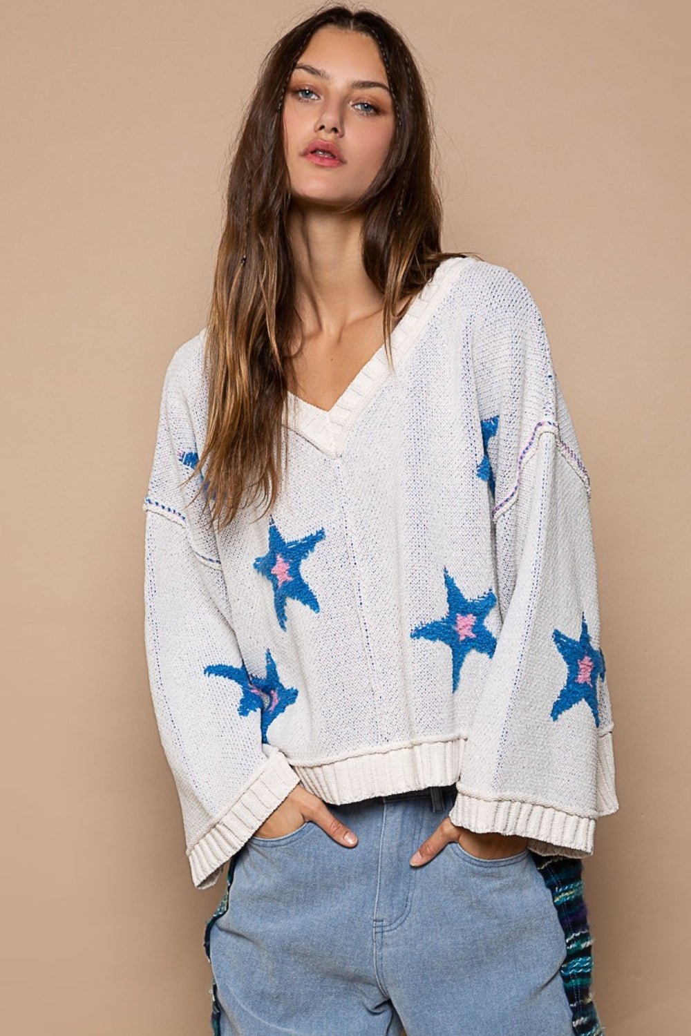 POL - Long Sleeve Star Patch Sweater in White