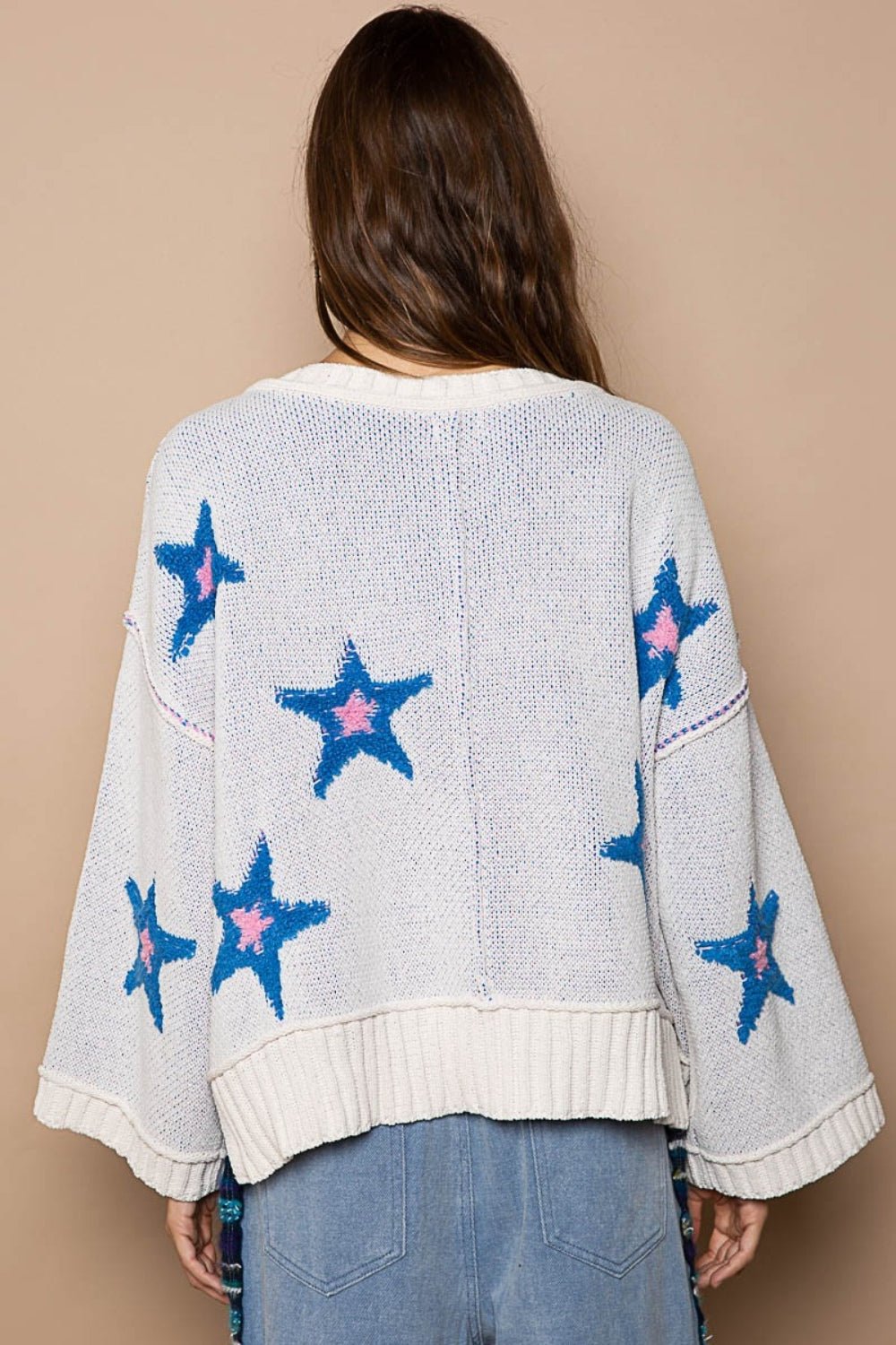 POL - Long Sleeve Star Patch Sweater in White