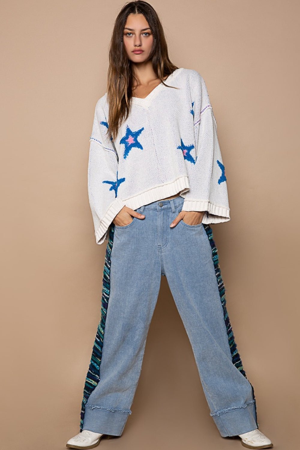 POL - Long Sleeve Star Patch Sweater in White