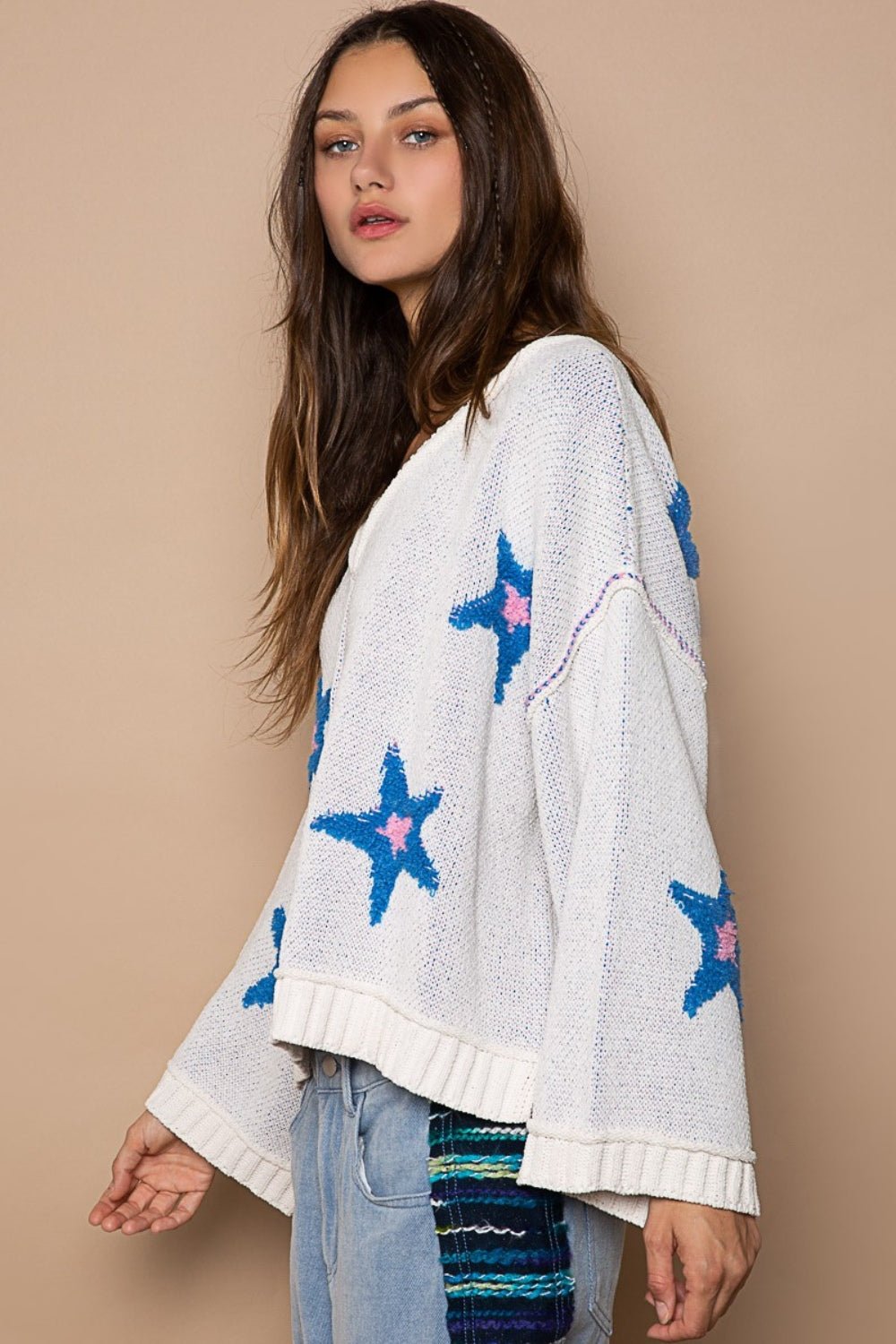 POL - Long Sleeve Star Patch Sweater in White