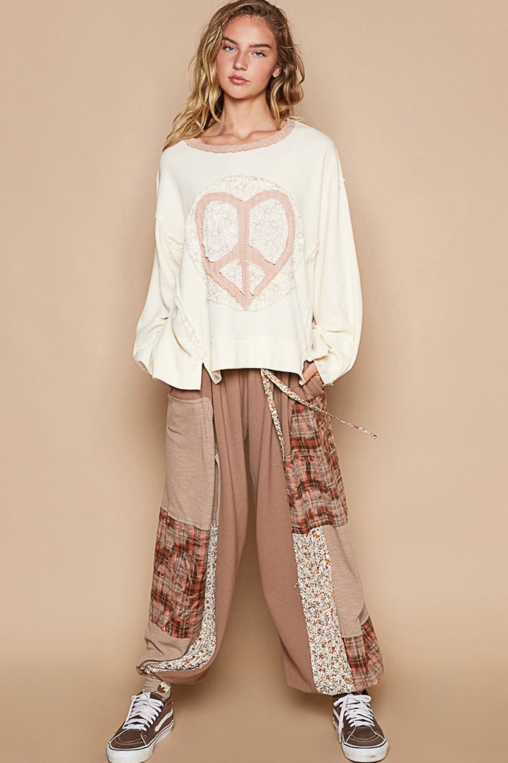 POL - Long Sleeve Thermal Knit Patch Top in Cream