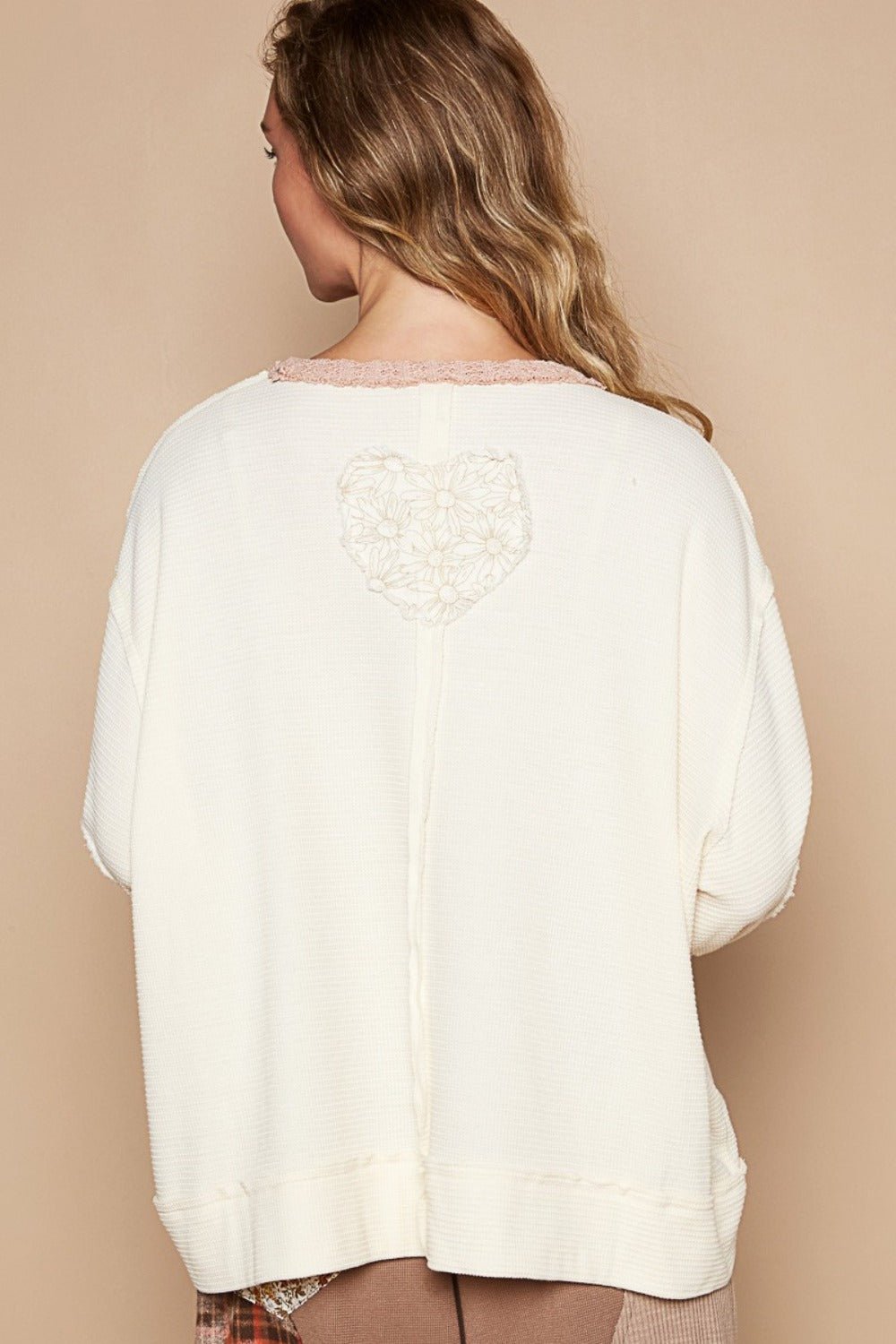 POL - Long Sleeve Thermal Knit Patch Top in Cream